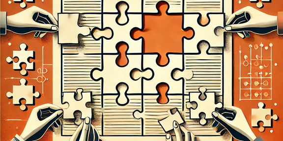 Symbolische Illustration, die einen wissenschaftlichen Artikel in Form eines Puzzles zeigt, das gerade zusammengesetzt wird.