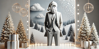 KI-generiertes Bild eines Nikolaus im modernen Anzug vor einer winterlichen Landschaft mit Schnee und Tannenbäumen.