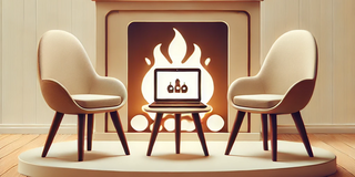 Ein symbolisches Bild, das ein digitales Kamingespräch mit einem Kamin, zwei einander gegenüberstehenden Stühlen und einem Laptop darstellt.