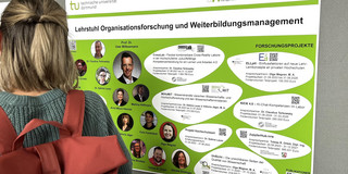 Poster mit Projekten des Lehrstuhls Organisationsforschung und Weiterbildungsmanagement. Davor: Person mit Rucksack. 