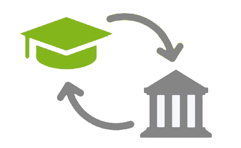 Symbol of a mortarboard and of a building. The mortarboard is highlighted in green color. The symbols are connected by two circled arrows.