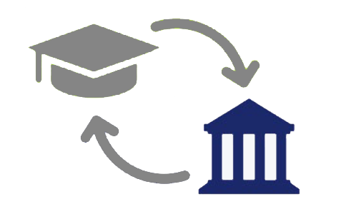 Symbol of a mortarboard and of a building. The building is highlighted in blue color. The symbols are connected by two circled arrows. 