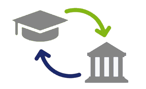 Symbol of a mortarboard and of a building. The symbols are connected by two circled arrows. The arrows are highlighted in color.